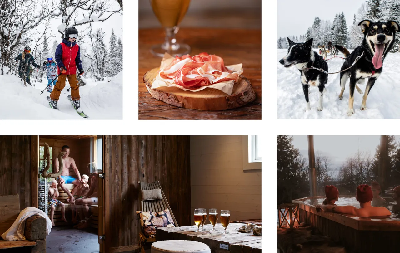 collage av hundspann, skidåkning, mat, spabad & bastu