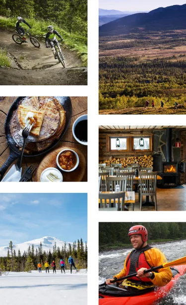 collage med vandring cykling skidåkning paddling och matbilder